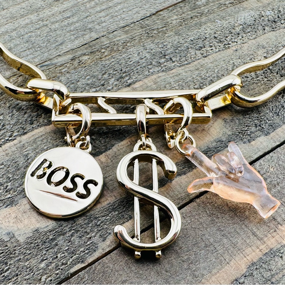 Open Edit Gold Tone Chunky Chain Link BOSS Charm Adjustable 17-19"‎ Necklace